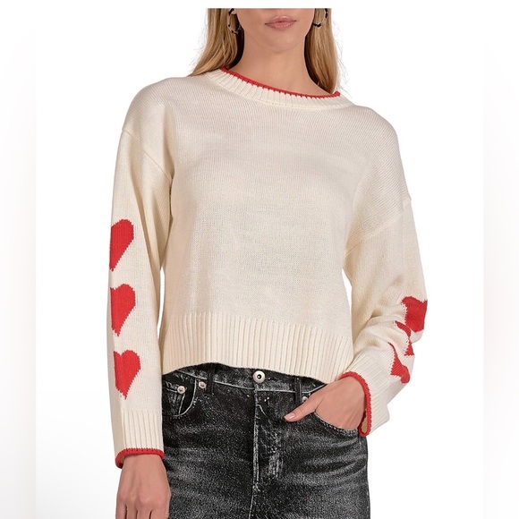 Elan Sweaters - NWT Elan Heart Sleeve Crewneck Sweater Small Ivory Red Heart Knit